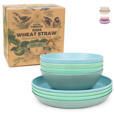 Grow Forward Wheat Straw Kids Plates and Bowls Sets - 8-Piece Unbreakable Dishwasher &amp; Microwave Safe Plastic Plates for Kids - Reusable Non Toxic BPA-Free Dinnerware for Children - Rainforest