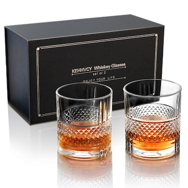 KEHHVCY Old Fashioned Whiskey Glasses Packaged in Gift Box, 11 oz Bourbon Glasses Set of 2, Rocks Glasses for Drinking Scotch Cocktail Rum Cognac Vodka Liquor, Unique Gifts for Men