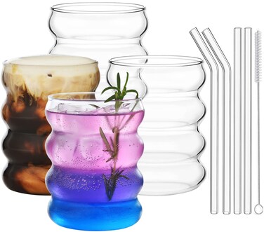 ALINK Ribbed Drinking Glass Cups with Glass Straws Set of 4, 12 oz Aesthetic Iced Coffee Glasses, Wave Bubble Glasses Tumbler, Ripple Glassware, Beer Glasses for Coctail, Soda, Gift with Brush