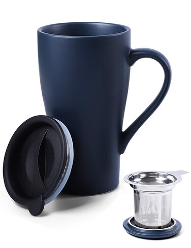 ARRADEN Tea Cup with Infuser and 2 Lids, 18oz Large Tea Infuser Mug, Tea Strainer Cup for Loose Tea, Travel Mug with Tea Bag Holder (Royal Blue)