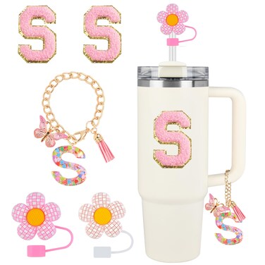 Stanley Cup Accessories, 5PCS Tumbler Initials Decorations for Stanley, Straw Toppers for Stanley Cup Straw Cover Cap, Cute Letter Charms for Stanley 40 oz 30 oz Tumbler, Sticker (S)