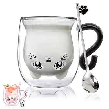 Black Cat Mug Cute Mug with Handle Double Walled Coffee Mug Kawaii Cat Presents for Women Glass Mugs Tea Cup Cute Birthday Gifts Mug for Cat Lovers Ideas Halloween Christmas