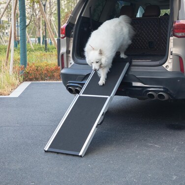 COZIWOW Aluminum Pet Ramp Ladder, Dog Car Step Ramp with 2-Fold Design, Sandpaper Non-Slip Surface, Oxford Strap and Handles, Dog Ramp Climbing Ladder for Most Dogs, Black
