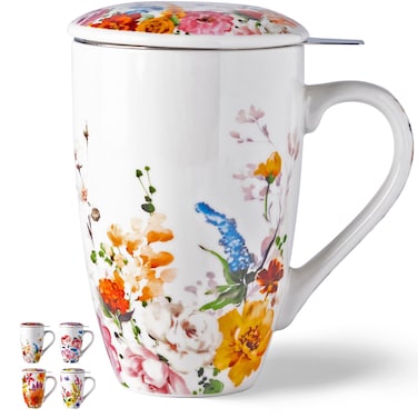 GBHOME Tea Mug with Infuser and Lid, 18 Ounce Large Ceramic Loose Leaf Tea Cup, Microwave, Dishwasher Safe Tea Steeping Mug, Pefect Gift For Tea Lover.