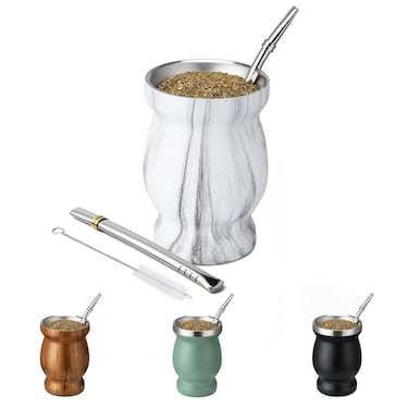Husfunov 8oz Yerba Mate Cup, 304 Stainless Steel Double-Wall Mate Cup, Heat Insulation Yerba Mate Gourd, Tea Cup Set Includes Cleaning Brush &amp; 2 Bombillas (Marble)