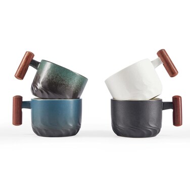 CLASGLAZ 2.5oz Ceramic Espresso Cups with Wooden Handle, Small Coffee Cups Double Shot Espresso Cups Set of 4