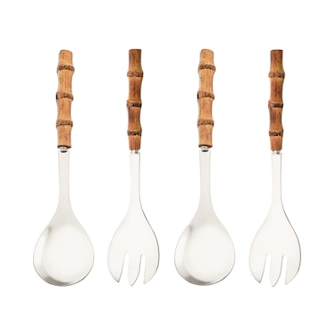 Uniturcky Serving Spoon and Fork Set, 304 Stainless Steel Serving Utensils with Natural Bamboo Handle, 10" Long Handle Serving Set for Kitchen Party Buffet, 4 Pieces / 2 of Each
