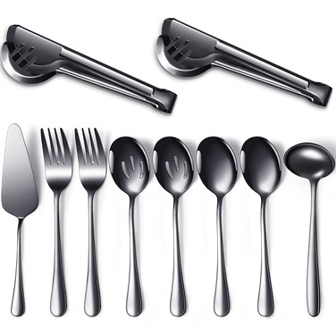 Serving Utensils Include Large Serving Spoons Slotted Serving Spoons Serving Forks Serving Tongs Soup Ladle and Pie Server Buffet Catering Serving Utensils for Dishwasher Safe(Black,10 Pieces)