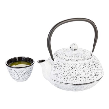 Restaurantware Tetsubin 30 Ounce Japanese Teapot 1 Enamel Coated Japanese Tea Kettle - Cherry Blossom Design Includes Mesh Strainer White Cast Iron Primitive Tea Kettle For Teabags And Loose Leaf Tea