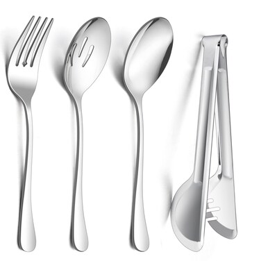 E-far Large Serving Utensils Set of 8, Stainless Steel 9.8 Inch Serving Spoons Slotted Spoon, 9.9 Inch Serving Fork, 9.4 Inch Serving Tong for Buffet Catering Banquet, Mirror Finish &amp; Dishwasher Safe