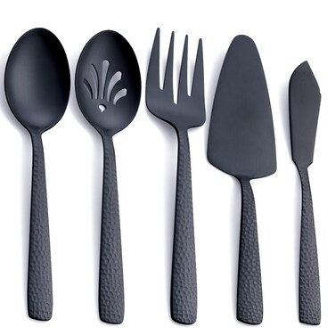 Matte Black Large Serving Utensil Set, FULLYWARE Stainless Steel Large Hostess Serving Set, include Serving Spoon, Slotted Serving Spoon, Serving Fork, Pie Server and Butter Knife, 5-piece
