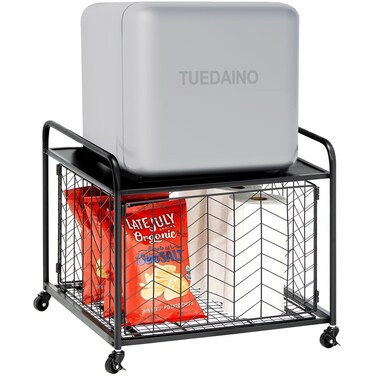 Tuedaino Mini Fridge Stand, Mini Fridge Stand with Storage, 120LBS Mini Fridge Cabinet with 4 Swivel Wheels, Fridge Cart with Metal Basket for Dorm, Home, Kitchen, Office,Iron Top, Black