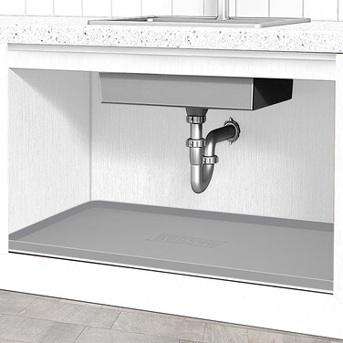 Under Sink Mat for Kitchen Waterproof, 37" x 19" Silicone Under Sink Liner Kitchen &amp; Bathroom Cabinet Protector Mats, Heavy Duty Flexible Under Sink Drip Tray with Lip, Cool Grey
