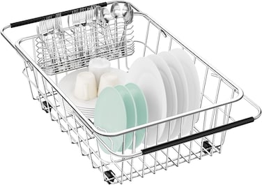 Fanbsy Large Dish Drainer Rack in Sink Adjustable, Expandable 304 Stainless Steel Metal Dish Drying Rack Organizer with Stainless Steel Utensil Holder Over Inside Sink Counter, Rustproof