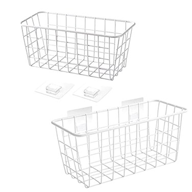 Hanging Kitchen Baskets Adhesive Sturdy Wire Storage Baskets with Kitchen Food Pantry Bathroom Shelf Storage No Drilling Wall Mounted,White,2 Pack