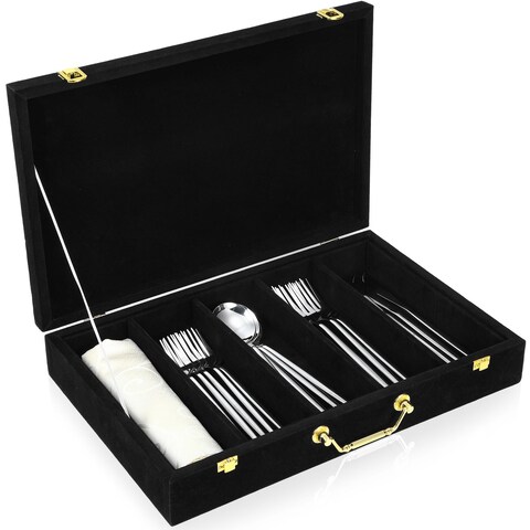Pickmesh Velvet Silverware Storage Box, Flatware Case with Lid and Handle, Utensil Chest Organizer Container Wedding Mother&#39;s Day Birthday Gifts for Kitchen Spoon Fork Knives Organizing(Black)