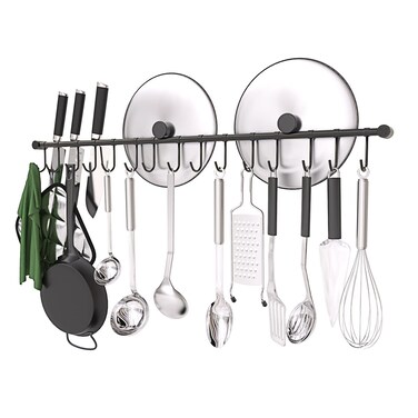 OKEPOO 304 Stainless Steel Kitchen Utensil Hanger - 30 Inch Wall Mount with 15 Pcs Noiseless Sliding Hooks, Pots and Pans Hanging Rack, Organizer Storage for Spoon Peeler, Black