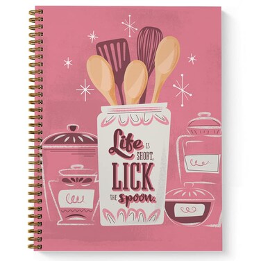 Softcover Lick The Spoon 8.5" x 11" Recipe Spiral Notebook/Journal, 120 Recipe Pages, Durable Gloss Laminated Cover, Gold Wire-o Spiral. Made in the USA