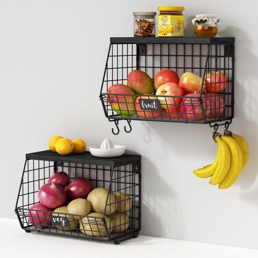Goozii Black Kitchen Wall Hanging Storage Basket Set of 2, Rustic Stackable Kitchen Counter Fruit Organizer, Wire Baskets Container for Veggie, Garlic, Produce, Onion and Potato (Black Shelf)
