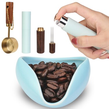 FWUNYVN 4Pcs Coffee Bean Dosing Cup, Spray Bottle, Spoon and Stirrer Tool Set, Coffee Bar Accessories Ceramic Espresso Dosing Funnel Spray Bottle for Reducing Coffee Static, Coffee Lover Gift (Black)