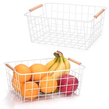 HDYOUDO Metal Wire Food Storage Basket Organizer with Wooden Handles for Organizing Kitchen Cabinets, 2 Packs-White