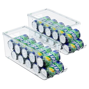 SCAVATA Soda Can Organizer for Refrigerator, Stackable Canned Food Pop Cans Container Can Holder Dispenser with Lid for Fridge Pantry Rack Freezer, Clear Plastic Storage Bins (Holds 10 Cans)