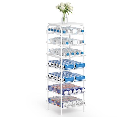 Vrisa Water Bottle Organizer 7 Tier Free Standing Water Bottle Holder Stand with Storage Shelves Beverage Drink Soda Can Rack Dispenser Metal Storage Shelf for Kitchen Pantry Party Office, Black