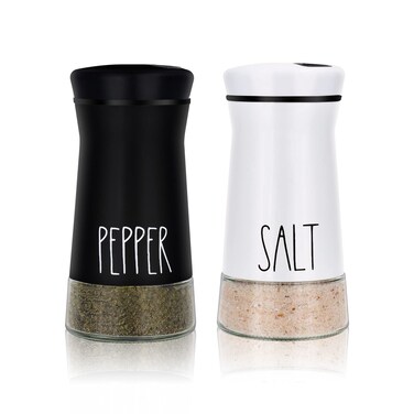 Black Salt and Pepper Shakers with Adjustable Pour Holes, Farmhouse Glass Salt Shaker with Stainless Steel Lids, Refillable Shaker by Aelga, Ideal for Himalayan, Kosher and Black Pepper