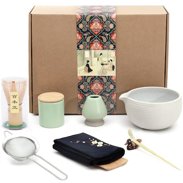 Artcome Japanese Matcha Tea Set, Bowl with Pouring Spout, Whisk, Tea Scoop, Ceramic Whisk Holder, Matcha Powder Caddy, Handmade Matcha Ceremony Kit For Japanese Tea Ceremony (9Pcs)
