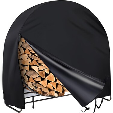 Firewood Log Rack Cover, Outdoor Waterproof Log Hoop Cover, Windproof Dry Wood Pile Holder Storage Tarp Cover Heavy Duty UV Resistant Sun Snow Rain Durable PVC Backing Protector fit 4 Seasons Black
