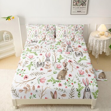 QOOMO Cartoon Rabbit Pattern Silky Soft Microfiber Bed Sheets Plants Flowers Soft Kids Bedding Set Cute Bunny Nature Animals Room Decoration Twin Size 1 Fitted Sheet, 1 Flat Sheet, 2 Pillow Cases