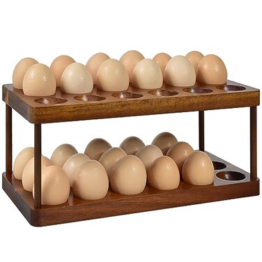 Wooden Double Layer Egg Holder - Farmhouse Kitchen Acacia Egg Tray Organizer - 2 Tier Fresh Egg Storage Rack Basket for Countertop, 36 Capacity