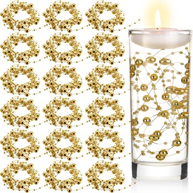 Hicarer 157 Feet 24 Strings Pearl String for Floating Candles Highlight Faux Pearl for Vase Filler for Wedding Valentines Party Home Table Centerpieces Decor(Gold)