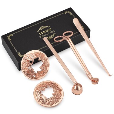 5 in 1 Candle Accessory Set Including Candle Wick Trimmer、Candle Snuffer、Wick Dipper and 2 Candle Toppers for Jar Candles to Burn Evenly on Gift Box Giving- Rose Gold