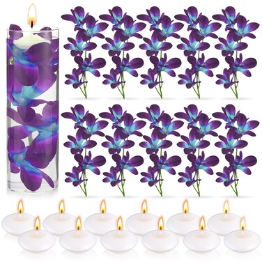 Floating Flowers for Centerpieces Blue Faux Orchid Flowers Vase Fillers Floating Candles Purple Orchid Wedding Table Decor Filling Unscented Floating Candles for Birthday Wedding Party (28 Pieces)