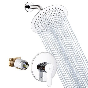POP SANITARYWARE Shower Faucet Set Chrome Bathroom Rainfall Shower System Wall Mounted 8" Inch Shower Head and Handle Set Single Function Shower Trim Kit with Rough-in Valve