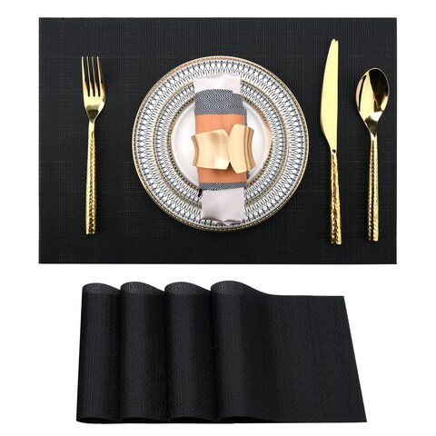 SLKQG Black Placemats Set of 4 - Easy Clean Washable Vinyl Placemats - Wipeable Heat Proof Table Mats for Dining Table - 17x12 Inch (Pure Black, 4)