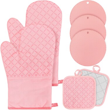 Oven Mitts and Pot Holders 7 Sets, Heat Resistant Kitchen Gloves Pads Potholders for Christmas Women Gifts Cotton Pot Holders Farmhouse Kitchen Accessories Gift for Cooking Baking(Pink, Rubber)