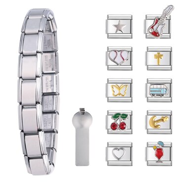 Gracayfr Italian Charm Bracelet Charms Bracelets Links Tool Pack Starter Modular Link 2000S Classic Charm Bracelet Diy Baseball Bus Juice Cross Butterfly Cherry Guitar Charm Set