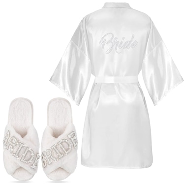 Mepase 2 Pcs Bridal Wedding Gifts Satin Bride Robe with Slippers Rhinestone Wedding Robe Slippers for Women Proposal Party (Size 40-41)