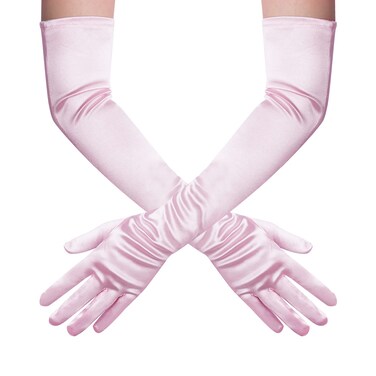 Wobe Long Opera Party 20s Satin Gloves Stretchy Adult Size Elbow Length Wedding (Pink)