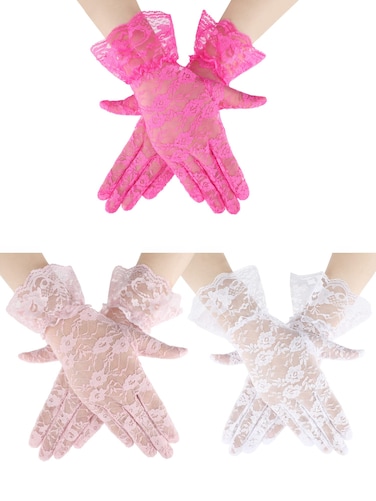 Skylety 3 Pairs Women Lace Floral Gloves Elegant Short Lace Gloves Ladies Tea Party Gloves for Opera Wedding Diner Party (White, Pink, Rose Red)