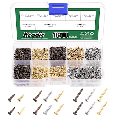 Keadic 1600Pcs Small Tiny Nails, Tiny Nails for Wood Crafts, 6mm 8mm 10mm Tiny Wooden Nails Small Nails Mini Nails for Wooden DIY Decorative Pictures Boxes(Gold/Silver/Bronze)