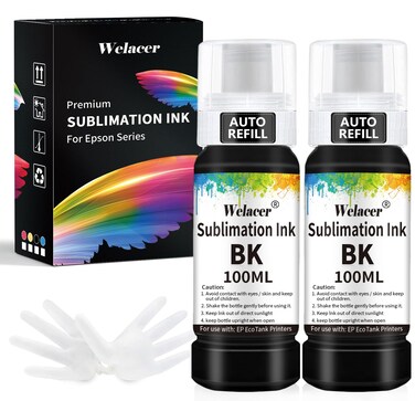 Welacer Black Sublimation Ink 200ML Autofill Bottles Refill for Epson ET-2800 ET-15000 ET-2803 ET-2850 ET2400 ET2720 ET2760 ET2750 etc. Inkjet Printers Heat Press Transfer on Mugs T-Shirt Tumblers