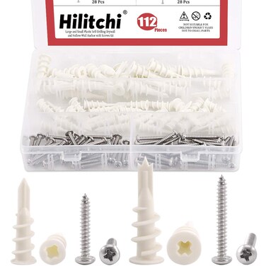 Hilitchi 112 Pieces Plastic Large and Small Self-Drilling Drywall and Hollow-Wall Anchor with Screws Kit