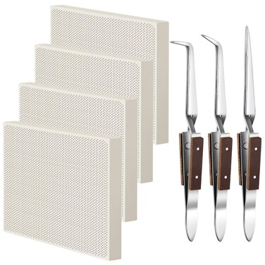 Seajan 7 Pcs Jewelry Ceramic Soldering Boards Honeycomb Soldering Blocks 3 Reverse Lock Tweezers for Jewelry Making Tool Soldering Supplies Parts