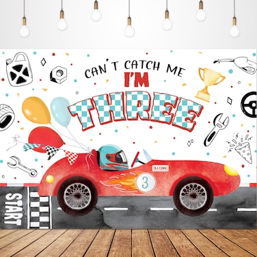 Glawry Car Racing 3rd Birthday Backdrop 7Wx5H Feet Watercolor Cartoon Cute Red Race Car Kids Boys Can't Catch Me I'm Three Birthday Party Decorations Photography Background Photo Booth Studio