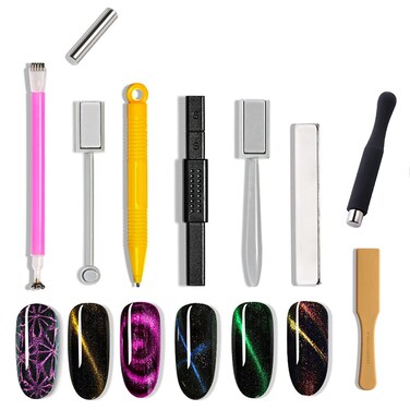 JERCLITY 9 Pieces Nail Magnet Tool Set Double-Head Flower Design Nail Magnet Pens Magnet Stick 3D Magnetic Cat Eye Gel Polish Nail Art for UV Gel Line Strip Multi-Function Magnet Board Nail Art Tool