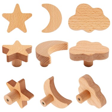 YuGtcen Wooden Cabinet Knobs, Star and Moon Shape Drawer Pulls Nursery Dresser Knobs Woodland Animals Wooden Knobs for Crafts Handles for Furniture Cupboard Closet Door (12, Moon Star Cloud)