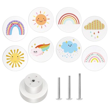 OctinPris Boho Rainbow Drawer Knob Pulls Round Wood Cabinet Knobs for Boys Girls Kids Dresser Knobs for Nursery Closet Cupboard Wardrobe Rainy Cloudy (8-Pack)